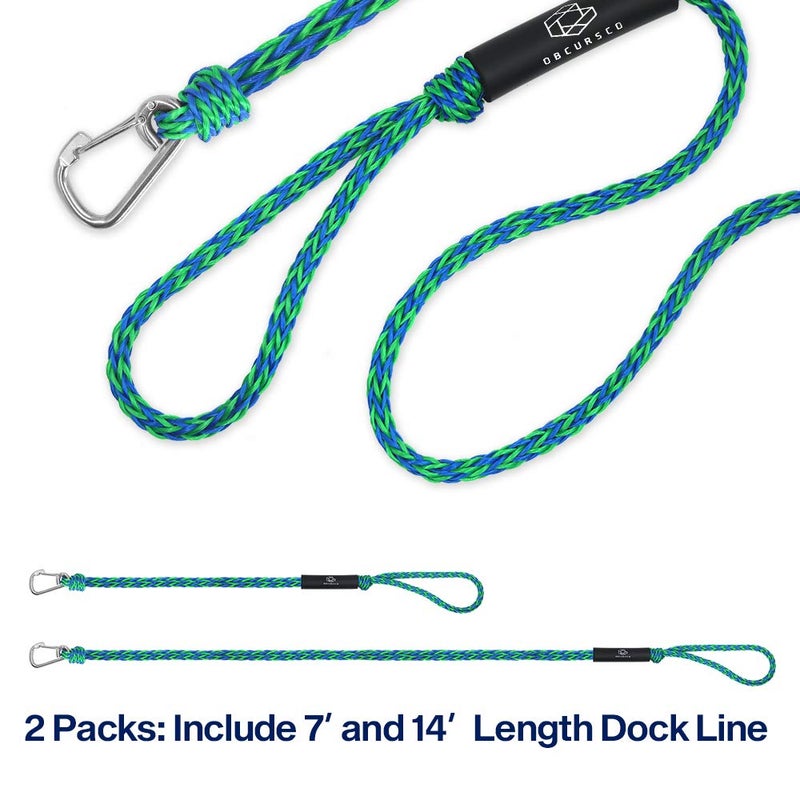 Obcursco خطوط ربط قارب أوبسوركو PWC 1/2"x (7 قدم و 14 قدم)، ملحقات ربط جت سكي لباونتون، خط سحب كاياك مع مشبك من الفولاذ المقاوم للصدأ 316 (أخضر/أزرق) - Image 4